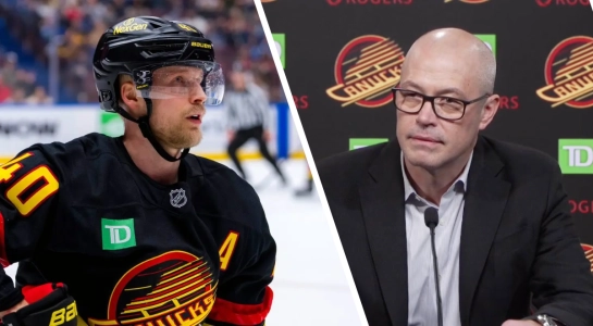 Vancouver Canucks forward Elias Pettersson (left) and General Manager Patrik Allvin