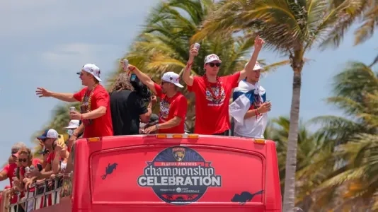 Florida Panthers players celebrating the 2025 Stanley Cup win during the parade. Florida Panthers players celebrating the 2025 Stanley Cup win during the parade.