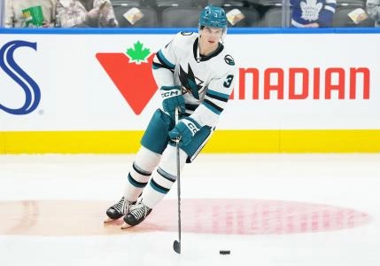 San Jose Sharks defenseman Henry Thrun participating in pre-game warmups at the Scotiabank Arena.