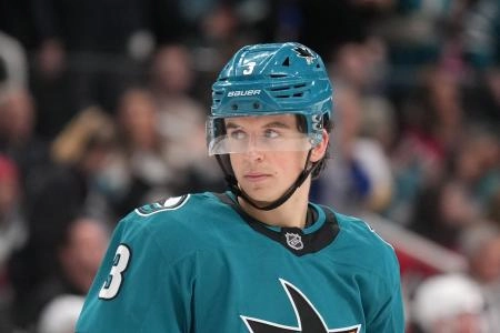 Jan 4, 2025; San Jose, California, USA; San Jose Sharks defenseman Henry Thrun (3) during the first period against the New Jersey Devils at SAP Center at San Jose