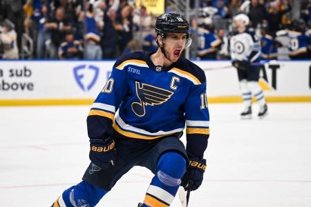 May 2, 2025; St. Louis, Missouri, USA; St. Louis Blues center Brayden Schenn (10) reacts to scoring a goal against the Winnipeg Jets during the second period in game six of the first round of the 2025 Stanley Cup Playoffs at Enterprise Center. Mandatory Credit: Connor Hamilton-Imagn Images