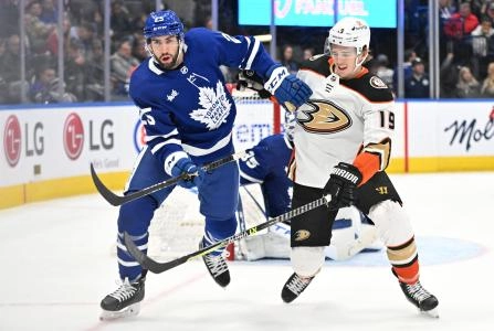 Anaheim Ducks forward Troy Terry fighting for position with Toronto Maple Leafs defensemen Conor Timmins.