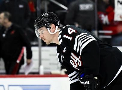 Apr 11, 2025; Newark, New Jersey, USA; New Jersey Devils right wing Nathan Bastian (14) warms up prior to a game against the Pittsburgh Penguins at Prudential Center. Mandatory Credit: John Jones-Imagn Images