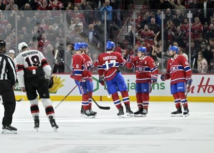 Mar 18, 2025; Montreal, Quebec, CAN;Montreal Canadiens forward Brendan Gallagher (11) celebrates with teammates including forward Josh Anderson (17) after scoring an empty net goal against the Ottawa Senators during the third period at the Bell Centre. Mandatory Credit: Eric Bolte-Imagn Images Mar 18, 2025; Montreal, Quebec, CAN;Montreal Canadiens forward Brendan Gallagher (11) celebrates with teammates including forward Josh Anderson (17) after scoring an empty net goal against the Ottawa Senators during the third period at the Bell Centre. Mandatory Credit: Eric Bolte-Imagn Images