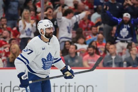 May 16, 2025; Sunrise, Florida, USA; Toronto Maple Leafs left wing Max Pacioretty (67) celebrates after scoring against the Florida Panthers during the third period in game six of the second round of the 2025 Stanley Cup Playoffs at Amerant Bank Arena. Mandatory Credit: Sam Navarro-Imagn Images