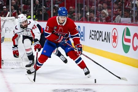 Apr 27, 2025; Montreal, Quebec, CAN; Montreal Canadiens right wing Ivan Demidov (93) plays the puck against Washington Capitals right wing Tom Wilson (43) during the third period in game four of the first round of the 2025 Stanley Cup Playoffs at Bell Centre. Mandatory Credit: David Kirouac-Imagn Images Apr 27, 2025; Montreal, Quebec, CAN; Montreal Canadiens right wing Ivan Demidov (93) plays the puck against Washington Capitals right wing Tom Wilson (43) during the third period in game four of the first round of the 2025 Stanley Cup Playoffs at Bell Centre. Mandatory Credit: David Kirouac-Imagn Images