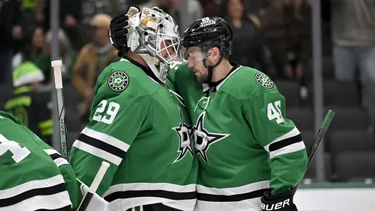 Dallas Stars goaltender Jake Oettinger and defenseman Ilya Lyubushkin Dallas Stars goaltender Jake Oettinger and defenseman Ilya Lyubushkin