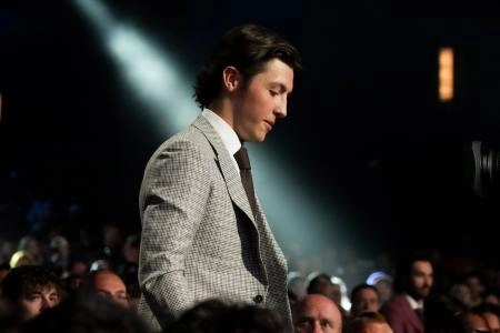 Jun 27, 2025; Los Angeles, California, USA; Caleb Desnoyers is selected as the fourth overall pick to the Utah Mammoth in the first round of the 2025 NHL Draft at Peacock Theater. Mandatory Credit: Kirby Lee-Imagn Images
