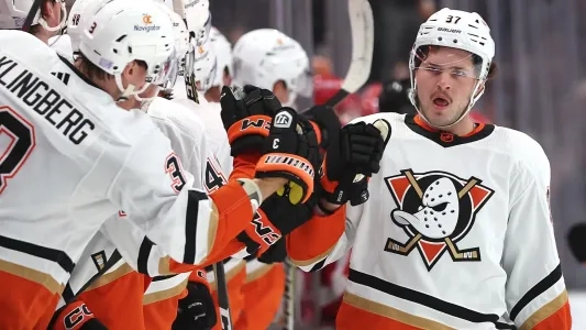 Mason McTavish of the Anaheim Ducks. Mason McTavish of the Anaheim Ducks.