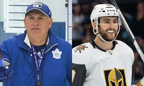 Maple Leafs head coach Craig Berube (left) and Maple Leafs forward Nicolas Roy (10); Roy will wear #55 with the team in 2025.