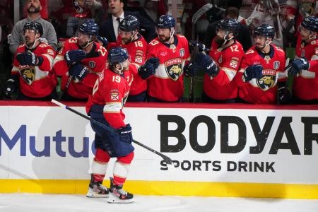Jun 17, 2025; Sunrise, Florida, USA; Florida Panthers left wing Matthew Tkachuk (19) celebrates with his teammates after scoring a goal against the Edmonton Oilers during the first period in game six of the 2025 Stanley Cup Final at Amerant Bank Arena. Mandatory Credit: Jim Rassol-Imagn Images