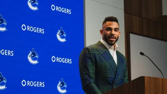 Vancouver Canucks forward Evander Kane meeting with the media after being traded to the club.