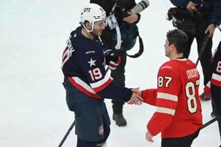 Feb 20, 2025; Boston, MA, USA; [Imagn Images direct customers only] Team USA forward Matthew Tkachuk (19) shakes hands with Team Canada forward Sidney Crosby (87) after overtime win by Team Canada during the 4 Nations Face-Off ice hockey championship game at TD Garden. Mandatory Credit: Brian Fluharty-Imagn Images