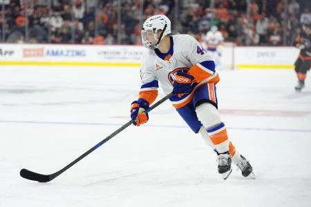 Apr 12, 2025; Philadelphia, Pennsylvania, USA; New York Islanders center Jean-Gabriel Pageau (44) controls the puck against the Philadelphia Flyers in the first period at Wells Fargo Center. Mandatory Credit: Kyle Ross-Imagn Images