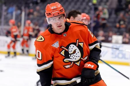 Mar 7, 2025; Anaheim, California, USA; Anaheim Ducks right wing Brett Leason skates during warm ups before a game against the St. Louis Blues at Honda Center. Mandatory Credit: Ryan Sun-Imagn Images