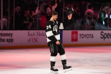 Apr 21, 2025; Los Angeles, California, USA; LA Kings center Phillip Danault (24) is recognized as the first star of the night after game one of the first round of the 2025 Stanley Cup Playoffs against the Edmonton Oilers at Crypto.com Arena. Mandatory Credit: Kirby Lee-Imagn Images