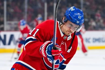 Jan 18, 2025; Montreal, Quebec, CAN; Montreal Canadiens right wing Brendan Gallagher (11) looks on during warm-up before the game against the Toronto Maple Leafs at Bell Centre. Mandatory Credit: David Kirouac-Imagn Images