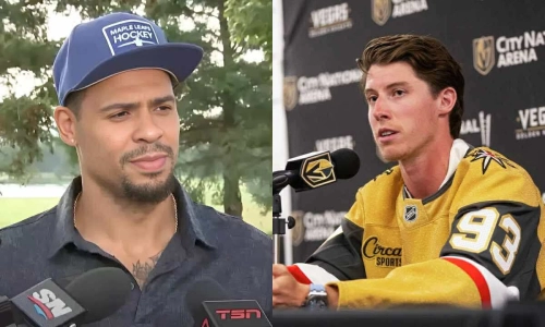San Jose Sharks forward Ryan Reaves (left) and Vegas Golden Knights forward Mitch Marner (right). San Jose Sharks forward Ryan Reaves (left) and Vegas Golden Knights forward Mitch Marner (right).