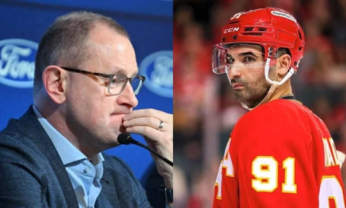 Toronto Maple Leafs general manager Brad Treliving (left) and Calgary Flames forward Nazem Kadri (right)
