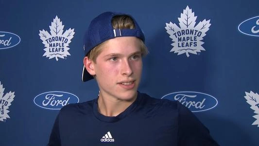 Victor Johansson addresses reporters in Toronto during the Maple Leafs 2024 training camp
