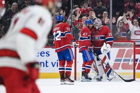 Feb 25, 2025; Montreal, Quebec, CAN; Montreal Canadiens goalie Sam Montembeault (35), defenseman Jayden Struble (47) and defenseman Arber Xhekaj (72) celebrate the win against the Carolina Hurricanes after the end of the game at Bell Centre. Mandatory Credit: David Kirouac-Imagn Images Feb 25, 2025; Montreal, Quebec, CAN; Montreal Canadiens goalie Sam Montembeault (35), defenseman Jayden Struble (47) and defenseman Arber Xhekaj (72) celebrate the win against the Carolina Hurricanes after the end of the game at Bell Centre. Mandatory Credit: David Kirouac-Imagn Images