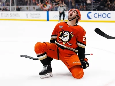 Mason McTavish celebrating a goal with the Anaheim Ducks. Mason McTavish celebrating a goal with the Anaheim Ducks.