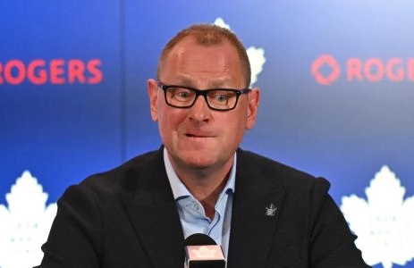 Jun 1, 2023; Toronto, Ontario, CANADA; Toronto Maple Leafs new general manager Brad Treliving reacts to a question during an introductory press conference at Scotiabank Arena. Mandatory Credit: Dan Hamilton-USA TODAY Sports