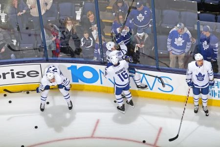 Toronto Maple Leafs teammates Mitch Marner and Matt Martin having a little fun during pre-game warmups.