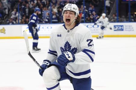 Apr 9, 2025; Tampa, Florida, USA; Toronto Maple Leafs left wing Matthew Knies (23) celebrates after scoring the winning goal against the Tampa Bay Lightning during overtime at Amalie Arena. Mandatory Credit: Kim Klement Neitzel-Imagn Images Apr 9, 2025; Tampa, Florida, USA; Toronto Maple Leafs left wing Matthew Knies (23) celebrates after scoring the winning goal against the Tampa Bay Lightning during overtime at Amalie Arena. Mandatory Credit: Kim Klement Neitzel-Imagn Images