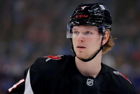 Mar 1, 2025; Buffalo, New York, USA; Buffalo Sabres defenseman Bowen Byram (4) during a stoppage in play against the Montreal Canadiens at KeyBank Center. Mandatory Credit: Timothy T. Ludwig-Imagn Images