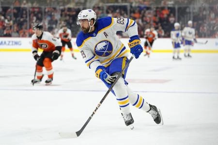 Mar 29, 2025; Philadelphia, Pennsylvania, USA; Buffalo Sabres right wing Alex Tuch (89) controls the puck against the Philadelphia Flyers in the first period at Wells Fargo Center. Mandatory Credit: Kyle Ross-Imagn Images