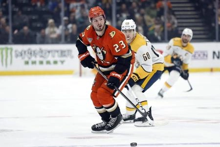 Mason McTavish of the Anaheim Ducks. Mason McTavish of the Anaheim Ducks.