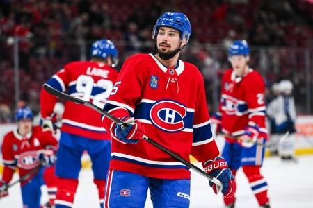 Jan 28, 2025; Montreal, Quebec, CAN; Montreal Canadiens defenseman Alexandre Carrier (45) looks on during warm-up before the game against the Winnipeg Jets at Bell Centre. Mandatory Credit: David Kirouac-Imagn Images Jan 28, 2025; Montreal, Quebec, CAN; Montreal Canadiens defenseman Alexandre Carrier (45) looks on during warm-up before the game against the Winnipeg Jets at Bell Centre. Mandatory Credit: David Kirouac-Imagn Images