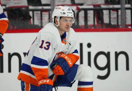 Apr 22, 2024; Raleigh, North Carolina, USA; New York Islanders center Mathew Barzal (13) looks on during the warmups before the game against the Carolina Hurricanes in game two of the first round of the 2024 Stanley Cup Playoffs at PNC Arena. Mandatory Credit: James Guillory-Imagn Images Apr 22, 2024; Raleigh, North Carolina, USA; New York Islanders center Mathew Barzal (13) looks on during the warmups before the game against the Carolina Hurricanes in game two of the first round of the 2024 Stanley Cup Playoffs at PNC Arena. Mandatory Credit: James Guillory-Imagn Images