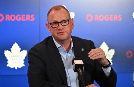 Jun 1, 2023; Toronto, Ontario, CANADA; Toronto Maple Leafs new general manager Brad Treliving is introduced at a press conference at Scotiabank Arena. Mandatory Credit: Dan Hamilton-Imagn Images