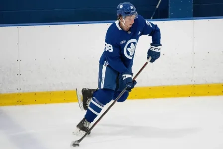 Maple Leafs defensive prospect Ben Danford skates with the puck during Toronto's training camp. Maple Leafs defensive prospect Ben Danford skates with the puck during Toronto's training camp.