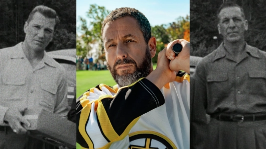 Adam Sandler in Happy Gilmore 2 with NHLers Chris Chelios and Sean Avery