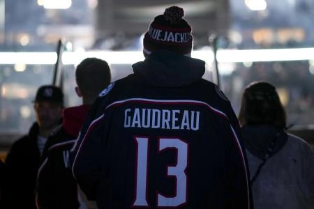 Nov 29, 2024; Columbus, Ohio, USA; A fan wearing a Johnny Gaudreau jersey enters the seating area before the game between the Calgary Flames and the Columbus Blue Jackets at Nationwide Arena