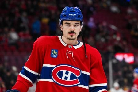 Dec 12, 2024; Montreal, Quebec, CAN; Montreal Canadiens defenseman Arber Xhekaj (72) looks on during warm-up before the game against the Pittsburgh Penguins at Bell Centre. Mandatory Credit: David Kirouac-Imagn Images