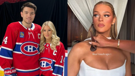 Caitlin Fitzgerald pictured with Nick Suzuki (left) and alone (right)