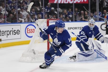 May 5, 2025; Toronto, Ontario, CAN; Toronto Maple Leafs forward Mitch Marner (16) skates against the Florida Panthers during the second period of game one in the second round of the 2025 Stanley Cup Playoffs at Scotiabank Arena