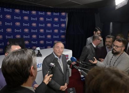 Oct 14, 2024; Montreal, Quebec, CAN; NHL commissioner Gary Bettman gives a press conference before the game between the Pittsburgh Penguins and the Montreal Canadiens at the Bell Centre. Mandatory Credit: Eric Bolte-Imagn Images