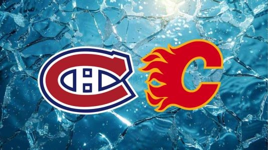 Montreal Canadiens and Calgary Flames logos on a blue icy background Montreal Canadiens and Calgary Flames logos on a blue icy background