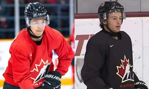 Calgary Flames defenseman Zayne Parekh (left) and Maple Leafs defensive prospect Ben Danford (right).