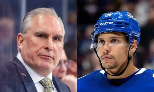 Toronto Maple Leafs head coach Craig Berube (left) and Maple Leafs forward Dakota Joshua (right).