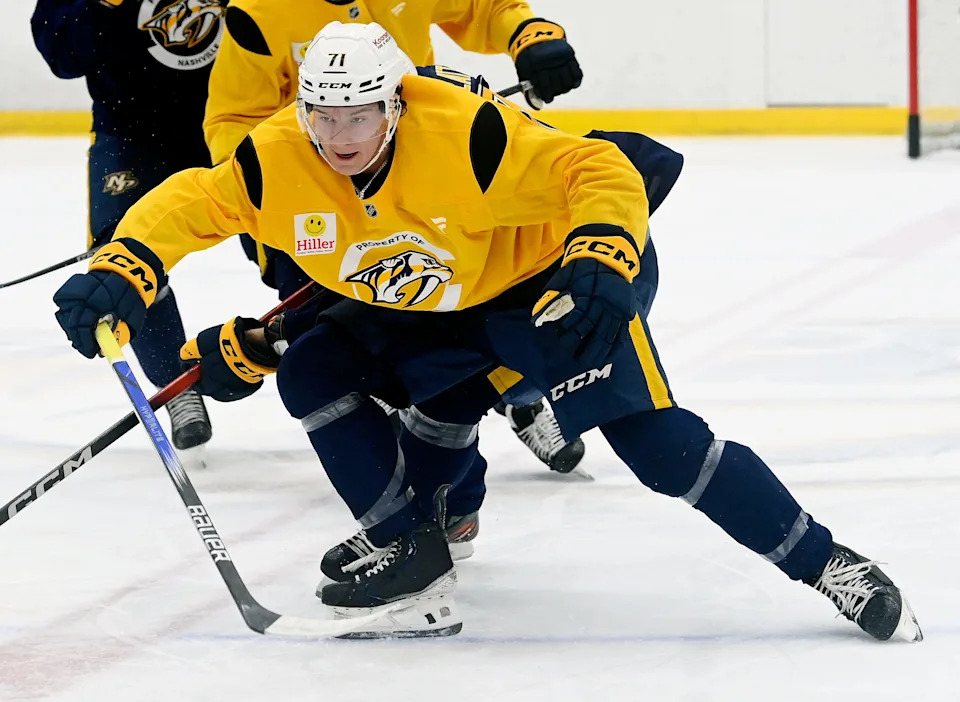 Nashville Predators defenseman Cameron Reid (71) competes during a drill at the Nashville Predators development camp practice at the Centennial Sportsplex Monday, June 29, 2025, in Nashville, Tenn.