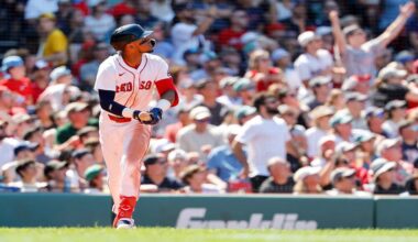 Boston Red Sox's Ceddanne Rafaela looks to left field after hitting a home run in the sixth inning of a baseball game, Sunday, July 13, 2025, in Boston. (AP Photo/Greg M. Cooper)