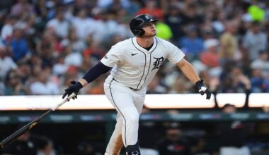Detroit Tigers' Colt Keith watches his two-run home run against the Tampa Bay Rays in the seventh inning during a baseball game, Tuesday, July 8, 2025, in Detroit. (AP Photo/Paul Sancya)