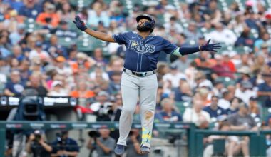 Tampa Bay Rays' Junior Caminero celebrates his home run against the Detroit Tigers during the seventh inning of a baseball game Wednesday, July 9, 2025, in Detroit. (AP Photo/Duane Burleson)