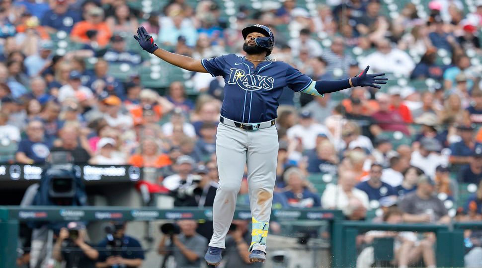 Tampa Bay Rays' Junior Caminero celebrates his home run against the Detroit Tigers during the seventh inning of a baseball game Wednesday, July 9, 2025, in Detroit. (AP Photo/Duane Burleson)